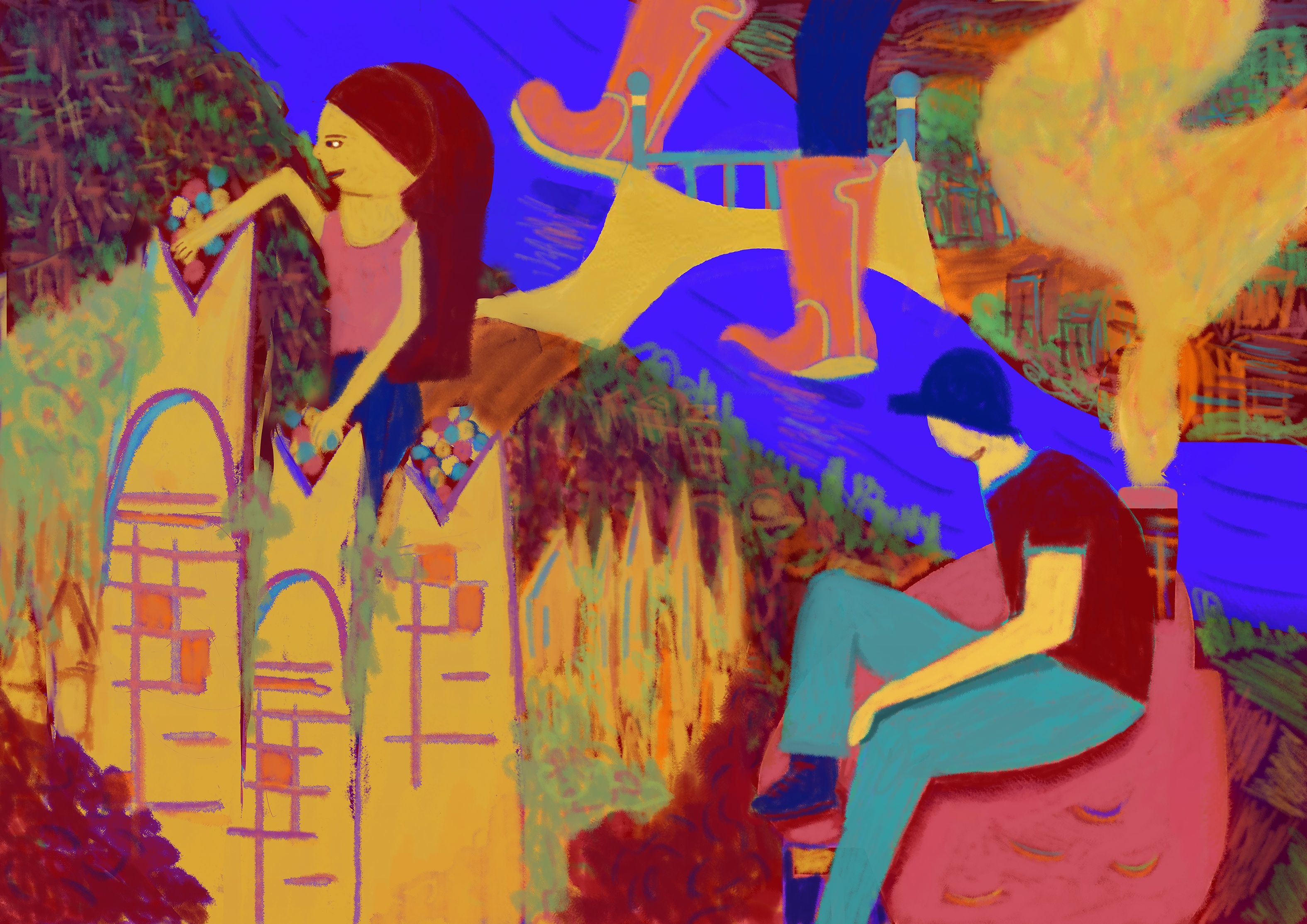 Colorful city illustration with figures among buildings and bridges