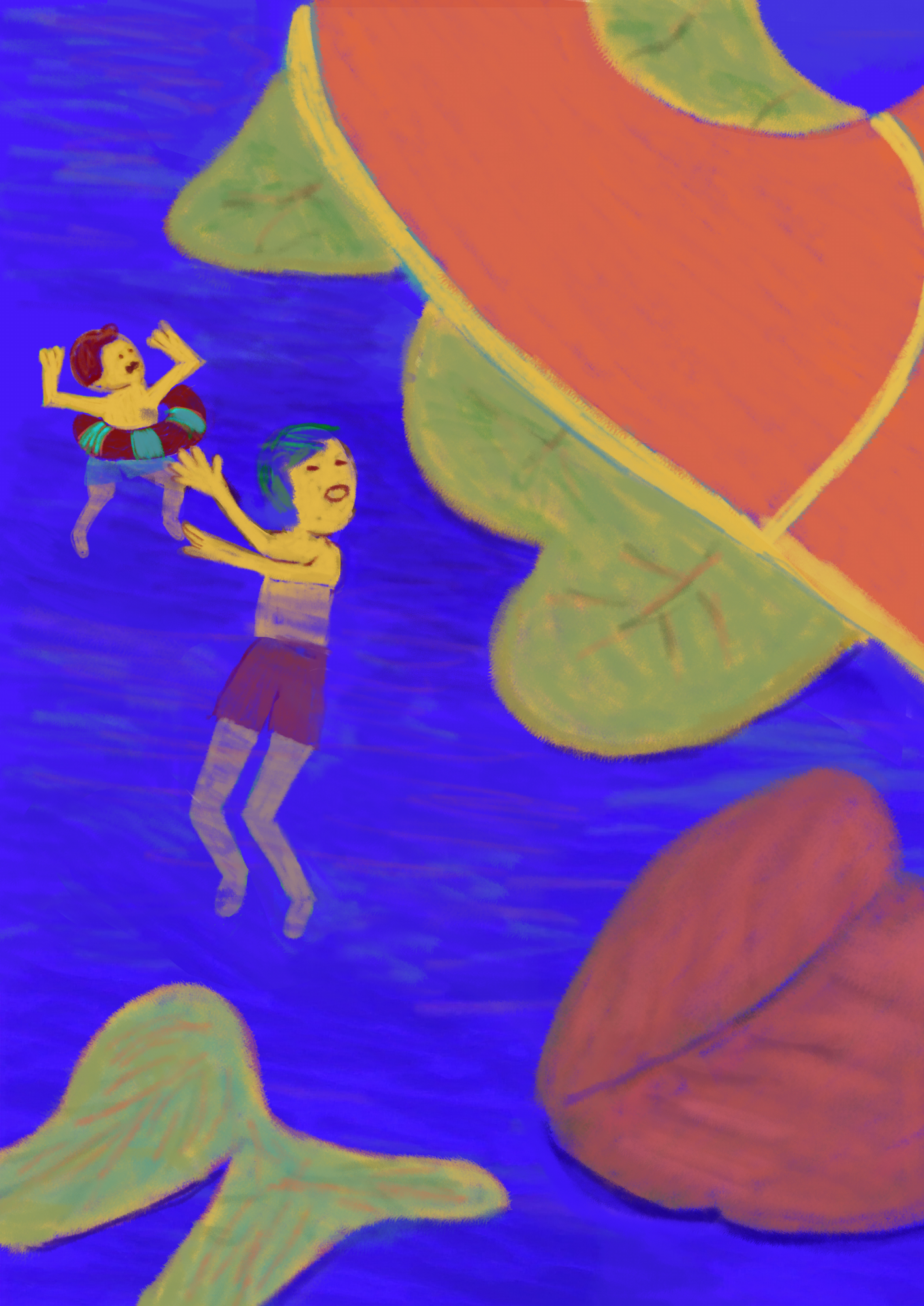 City illustration detail with two figures and oversized colorful forms