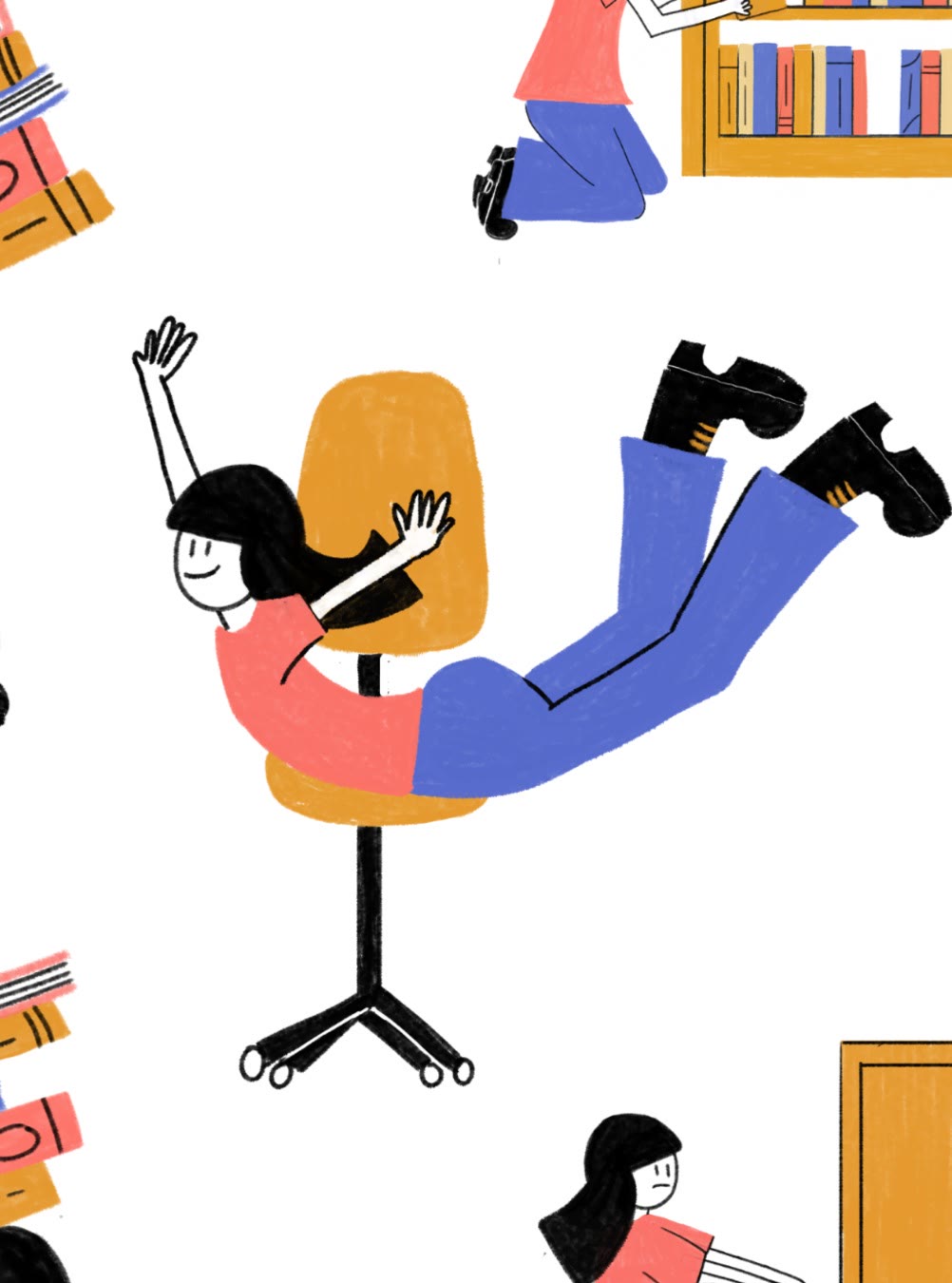 Illustration Playground character at a bookshelf